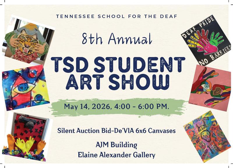 Art show announcement featuring colorful student artworks and event details.