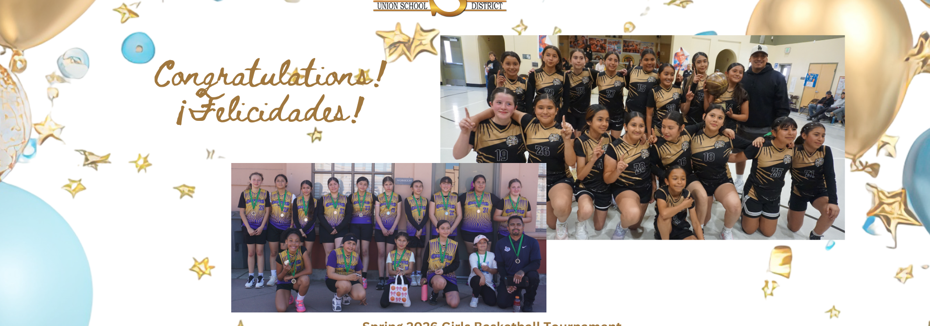 Celebratory collage featuring two groups of female basketball teams with banners.