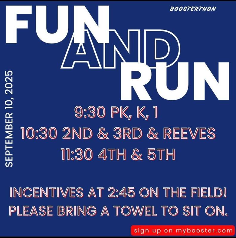 Boosterthon Fun Run ad for parents indicating specific grade level times for the 9/10/25 event