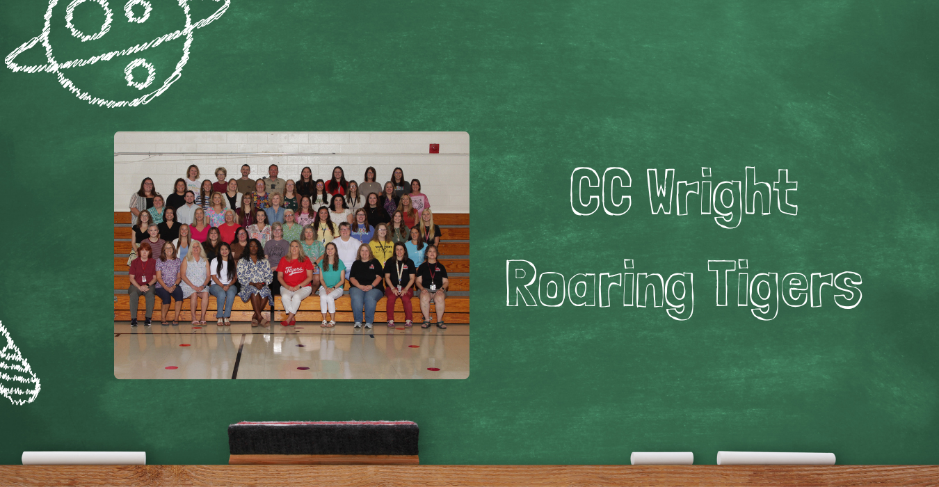 Group photo of teachers and staff members at CC Wright, with a colorful chalkboard background.