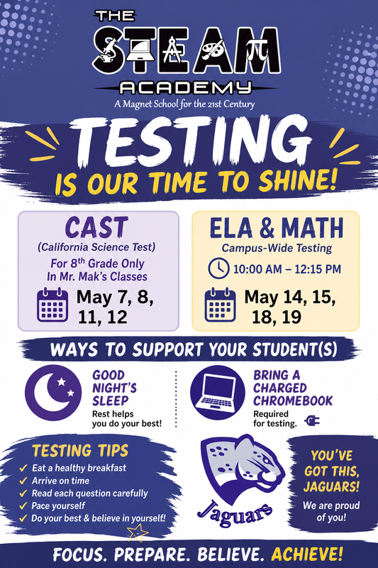 As testing approaches, please support our Jaguars by encouraging a good night’s sleep, arriving to school on time, and starting the day with a healthy breakfast.   A medida que se acercan los exámenes, apoye a nuestros Jaguars fomentando que duerman bien, lleguen a la escuela a tiempo y comiencen el día con un desayuno saludable.
