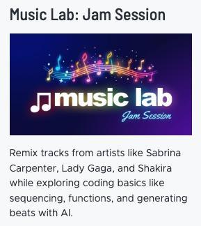 Promotional banner for Music Lab: Jam Session with music notes and colorful text.