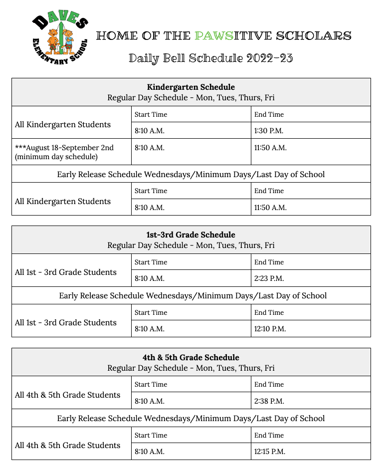 Daily Bell Schedule About Us Daves Avenue Elementary School