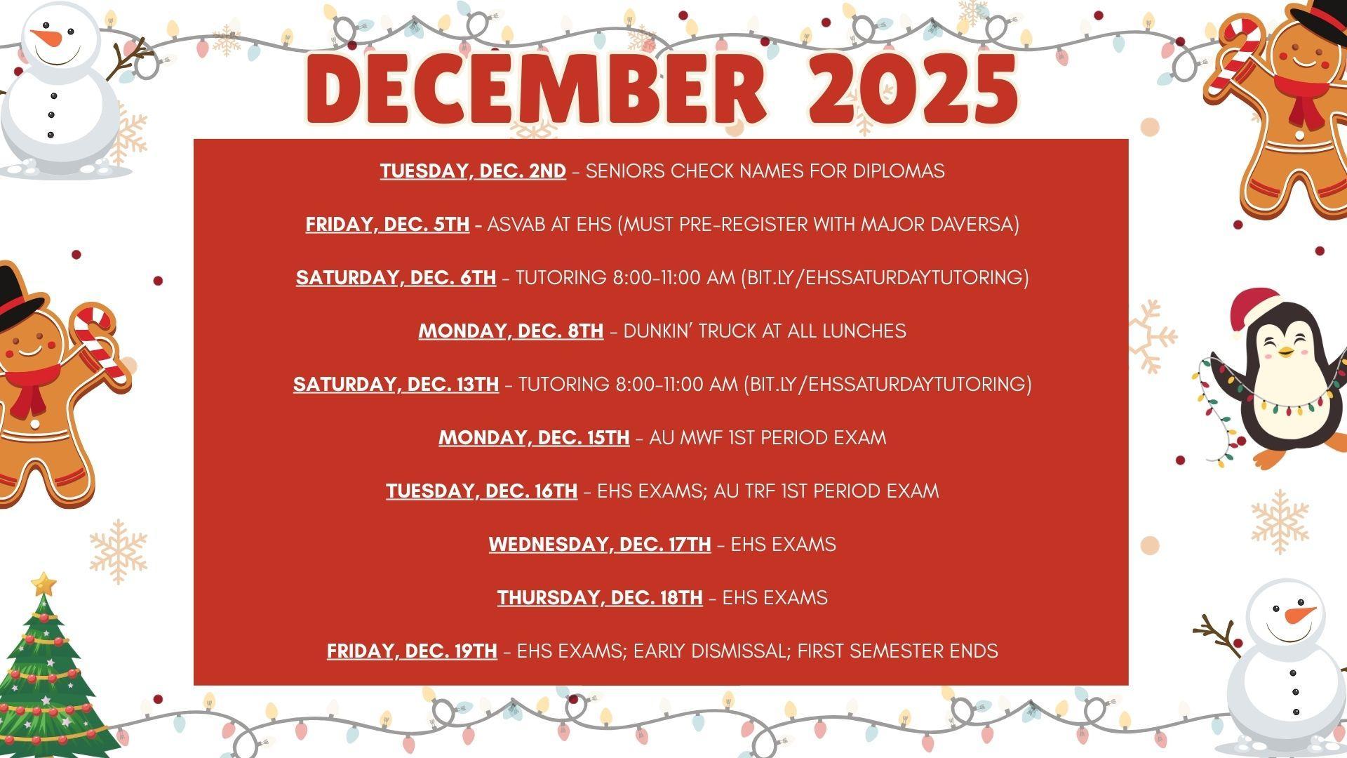 Event calendar for December 2025 with dates and notes, decorated with holiday graphics.