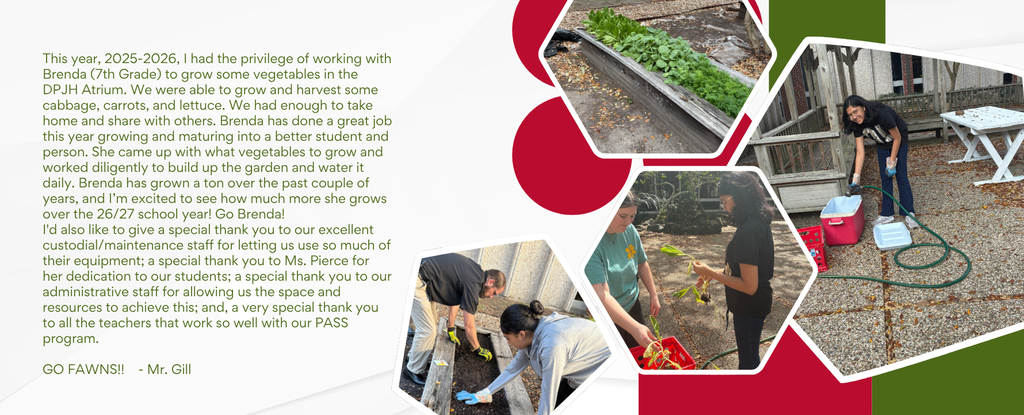 A thank you note featuring vegetables and students gardening.