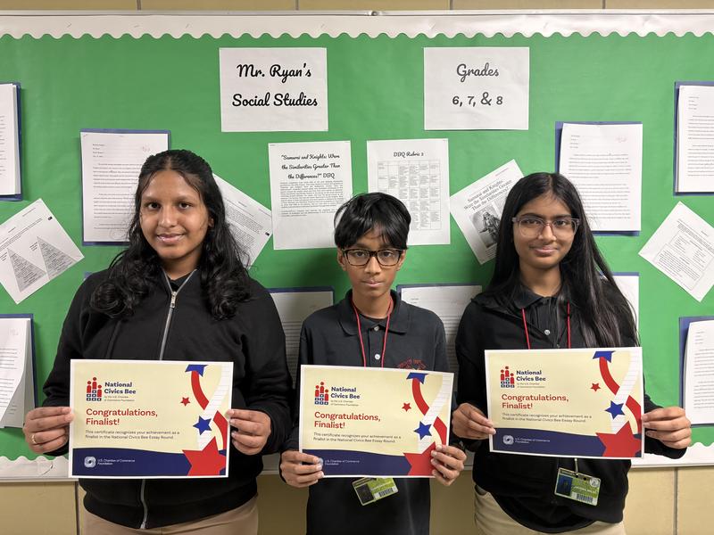 Three 7th Graders Named Regional Finalists in National Civics Bee