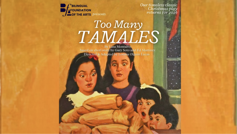 Photo of the Cover of Too Many Tamales by Gary Soto with four children looking in awe at a table full of tamales. / Foto de la portada de Too Many Tamales de Gary Soto, donde cuatro niños miran con asombro una mesa llena de tamales.