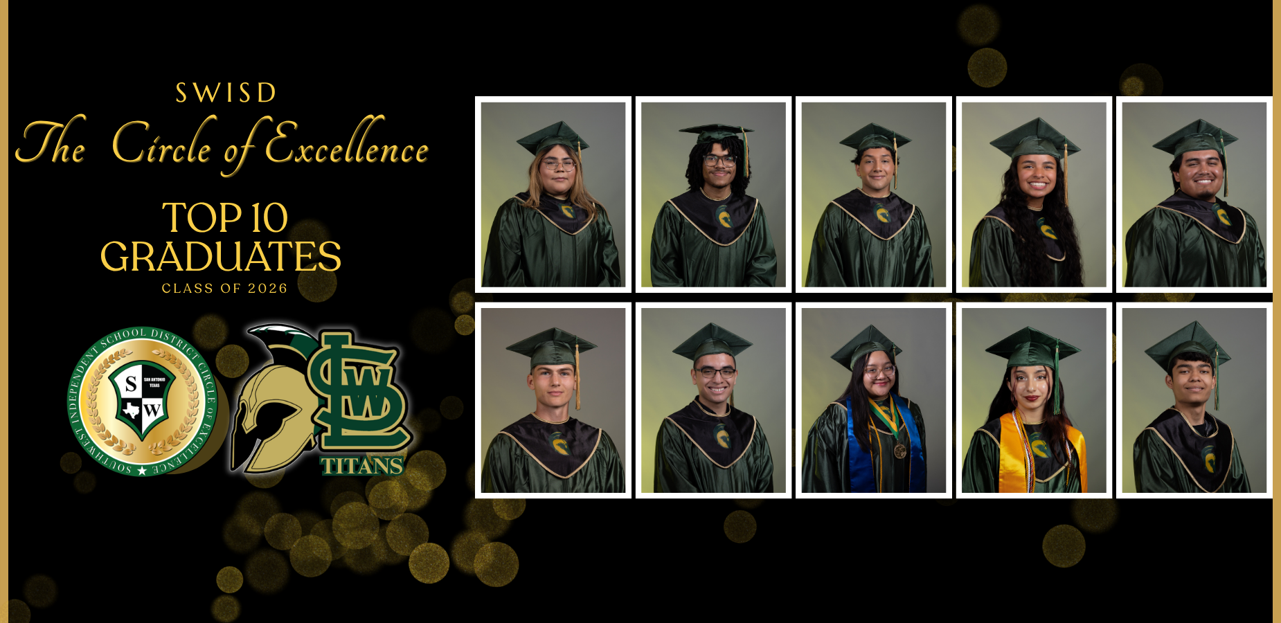 Ten graduates in green caps and gowns, showcasing excellence for the class of 2026.
