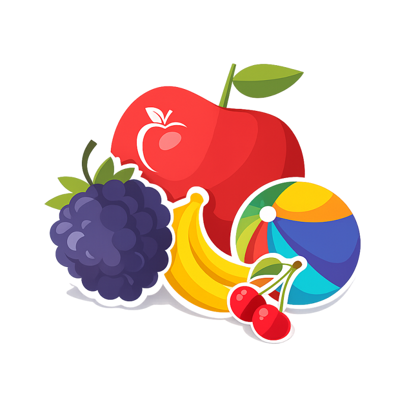Fruit illustration with apple, berries, bananas, and cherries.
