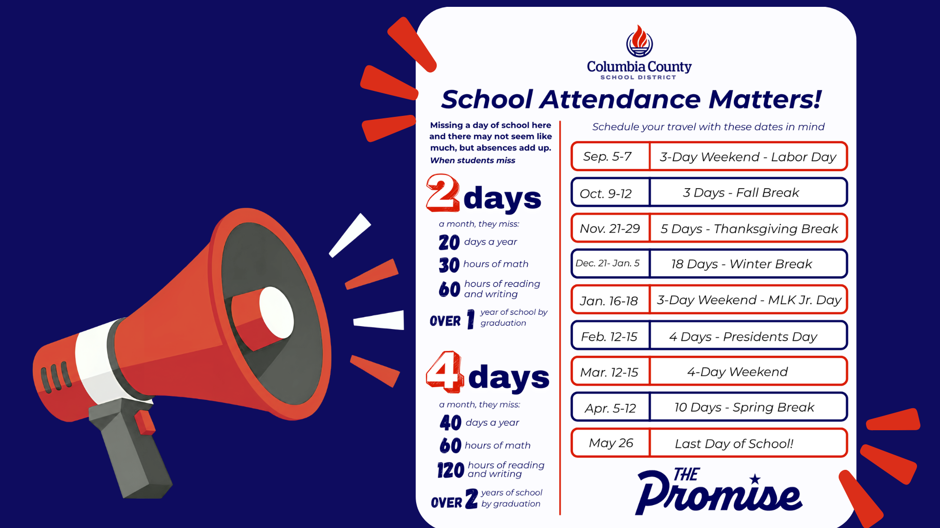 A graphic promoting school attendance with a megaphone and a schedule of important dates.