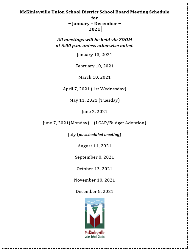 Board Meeting Schedule for 2020-2021