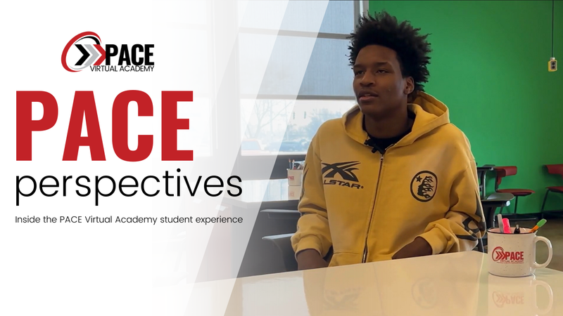 A student sharing their experience at PACE Virtual Academy, wearing a yellow hoodie.