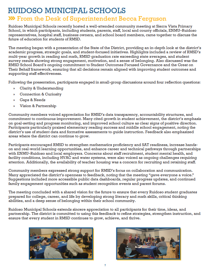 Newsletter from Ruidoso Municipal Schools discussing community engagement and education.