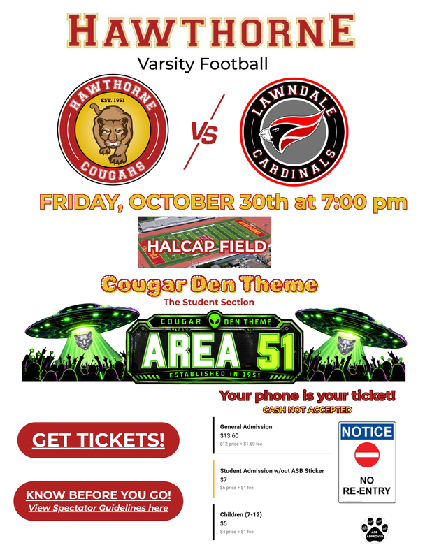 Join us this Friday, October 30th, as Hawthorne High takes on Lawndale High School for our final home football game of the season!