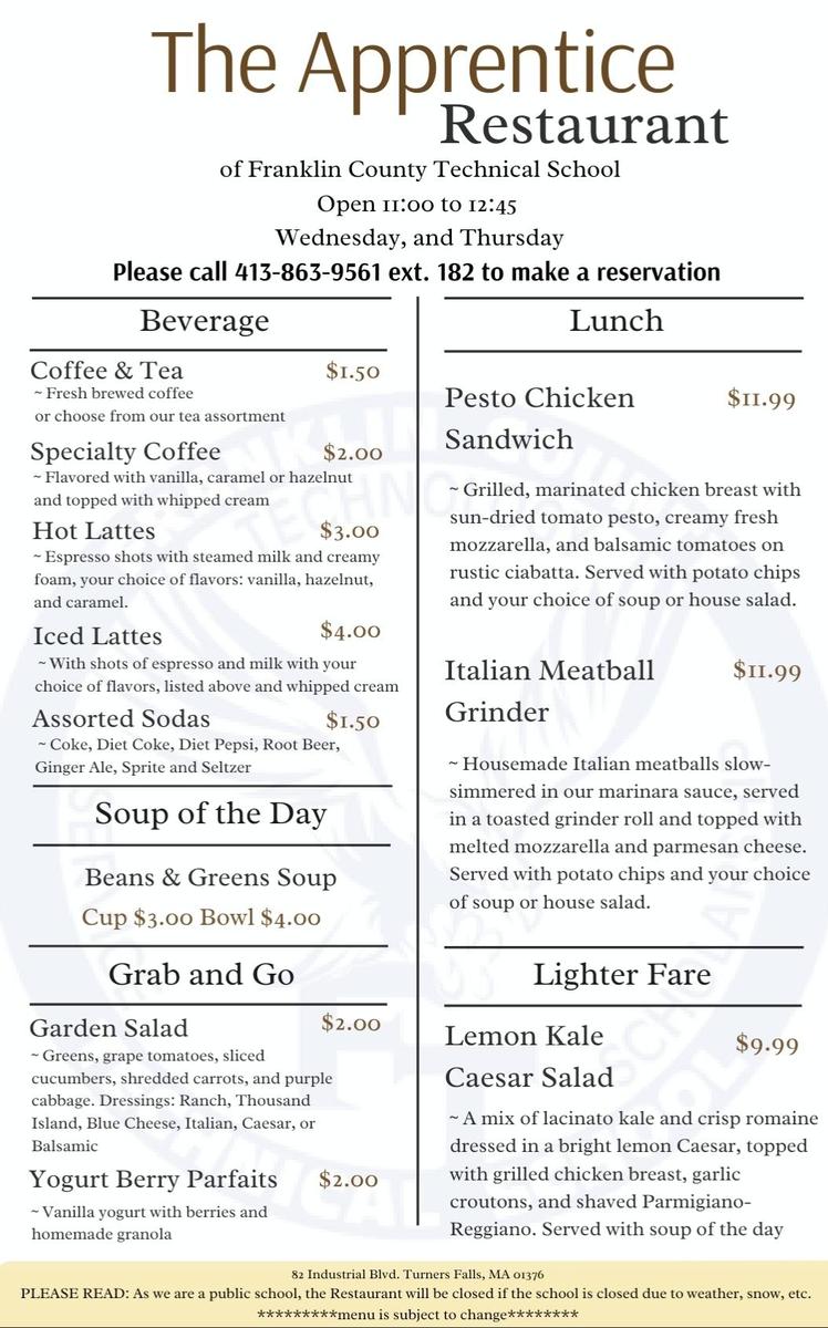 Apprentice Lunch Menu