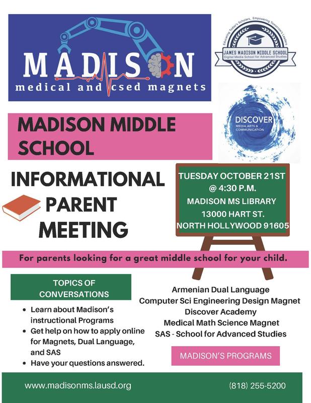 Hello Madison community,  Make sure to join us for our Parent Information Meeting at 4:30 pm in the Library.  See you all soon!