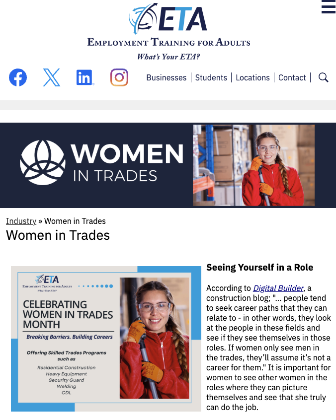 ETA women in Trades webpage screenshot