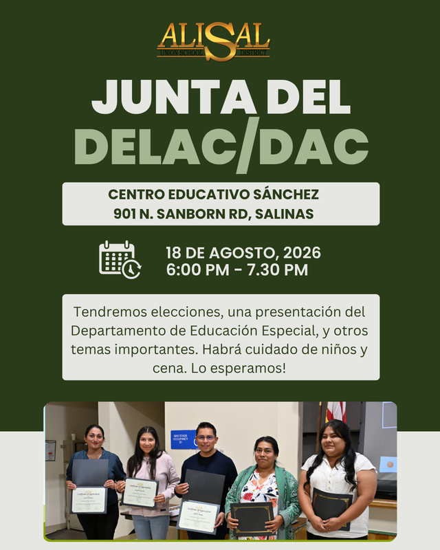 Graphic detailing DELAC meeting on Sept. 22, 2026 in Spanish