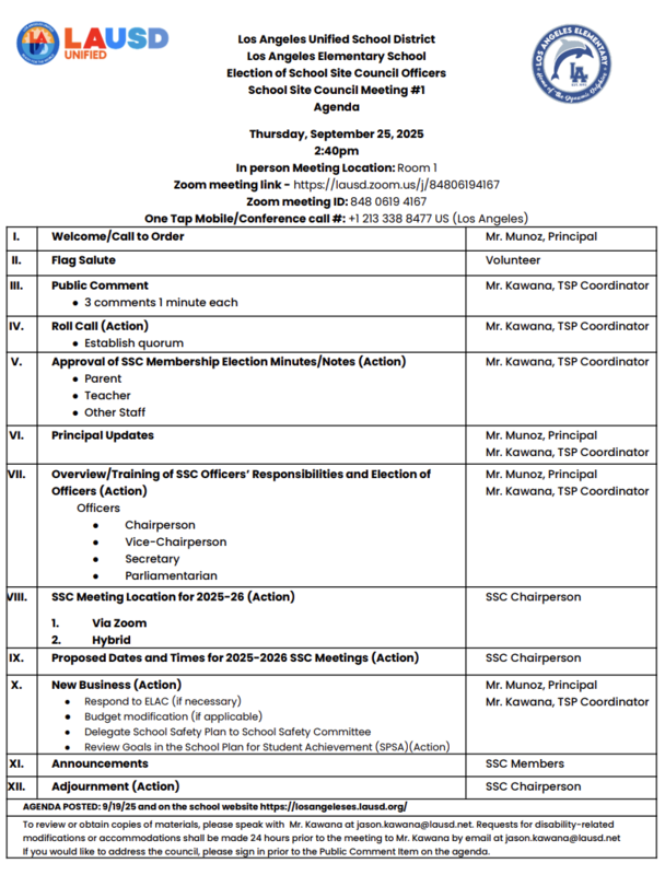 SSC #1 Agenda