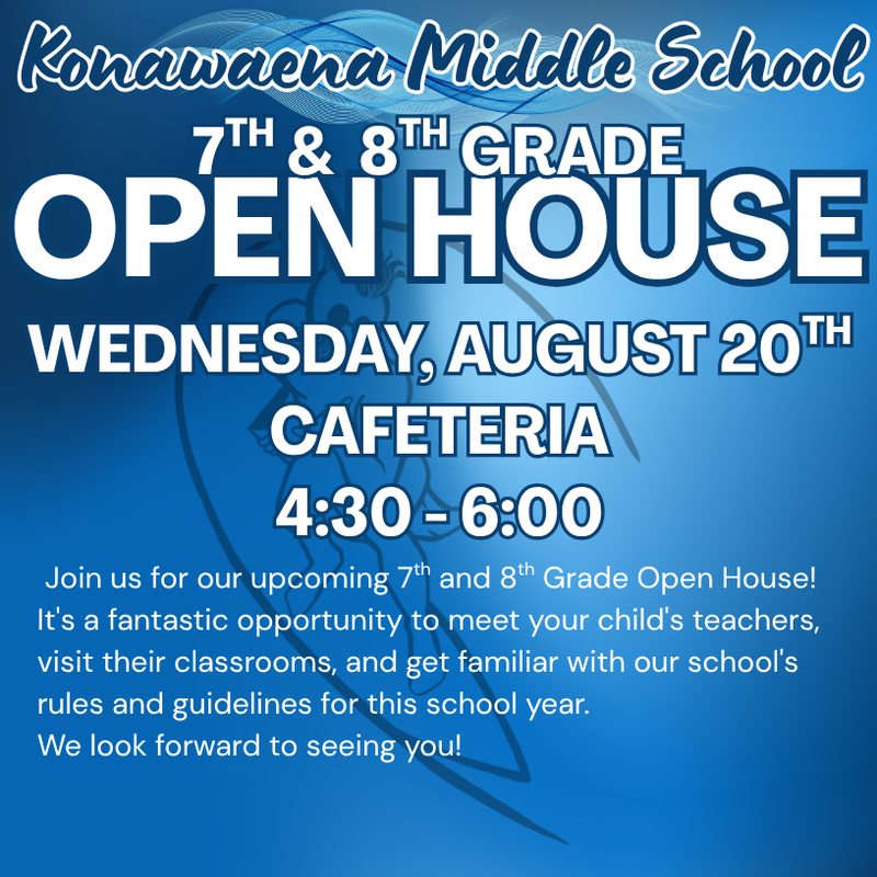 7th & 8th Grade Open House flyer written information in white over a blue ombre background