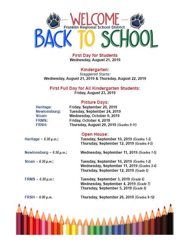Flyer containing 2019 Back-to-School Dates including first day for students, Kindergarten start days, school picture dates, and Open House dates for all schools.