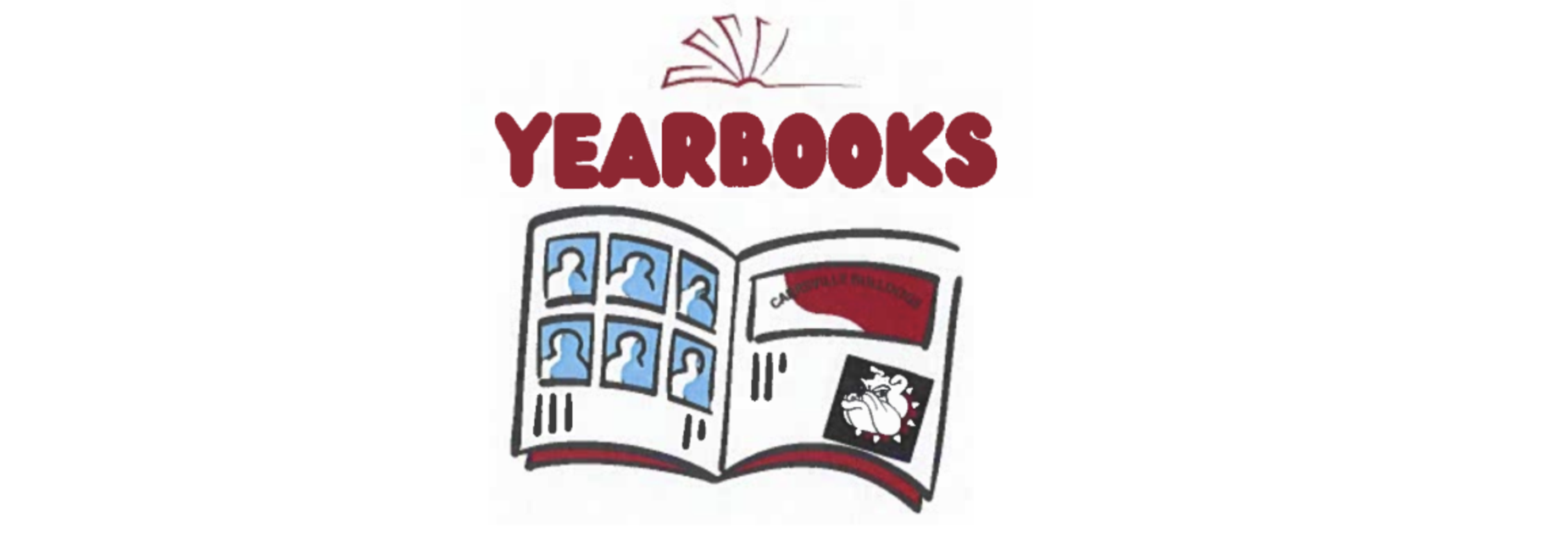 Illustration of an open yearbook with photos and the word 'YEARBOOKS' above.