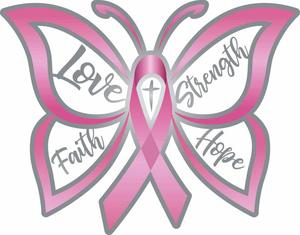A butterfly with words: Love, Faith, Strength, Hope, and a pink ribbon.