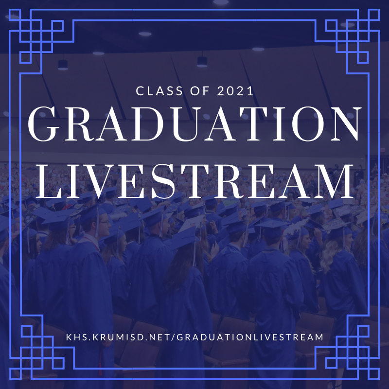 graphic shows students dressed in blue graduation cap and gown with the text graduation livestream over top of image