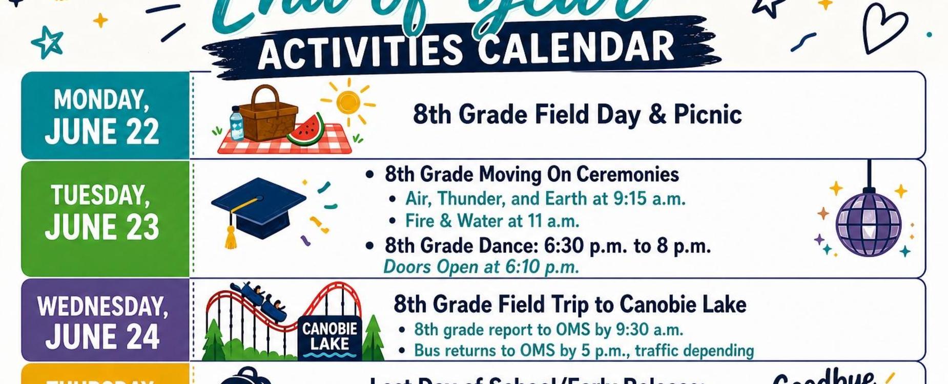 Graphic explaining the 8th grade end of year activities
