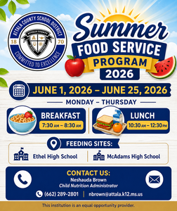 Colorful summer-themed graphic announcing the 2026 Summer Food Service Program with dates June 1–25, meal times for breakfast and lunch, and feeding sites at Ethel High School and McAdams High School.