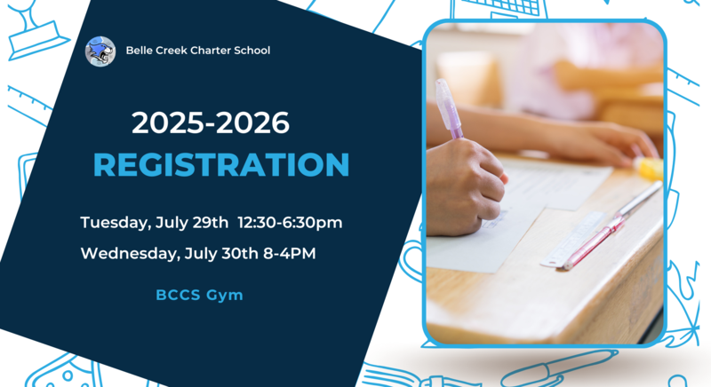 parent writing at a desk with text providing registration information