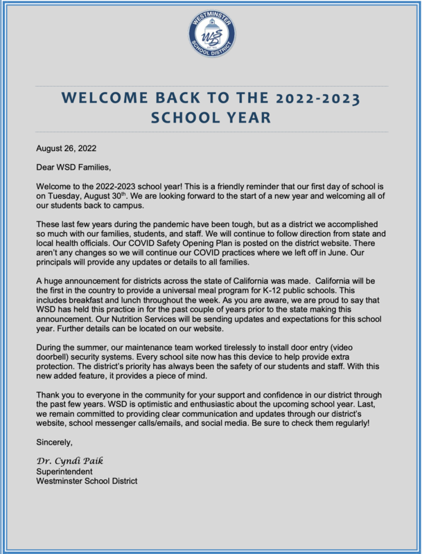 Welcome Back Letter