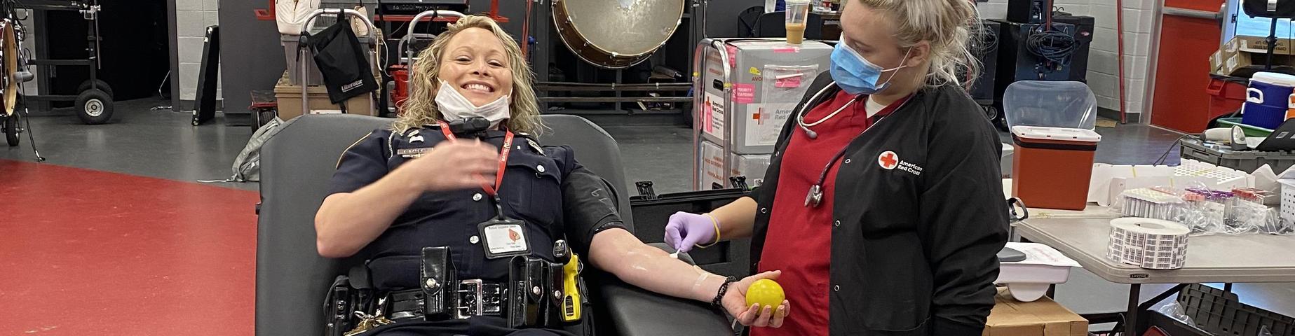 Donate Blood! Help Save lives! Thanks Officer Nadeau for giving blood at MHS Blood Drive.