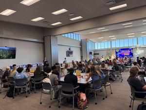 Chrissy Henninger, ESCWR Student Wellness and Prevention Service Coordinator is pictured addressing Lake County High School and Middle School students at the Fall Youth Summit