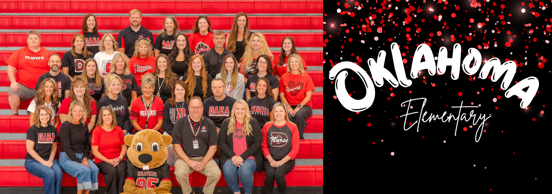 Oklahoma Elemenatary staff posing together in school spirit gear with a mascot.
