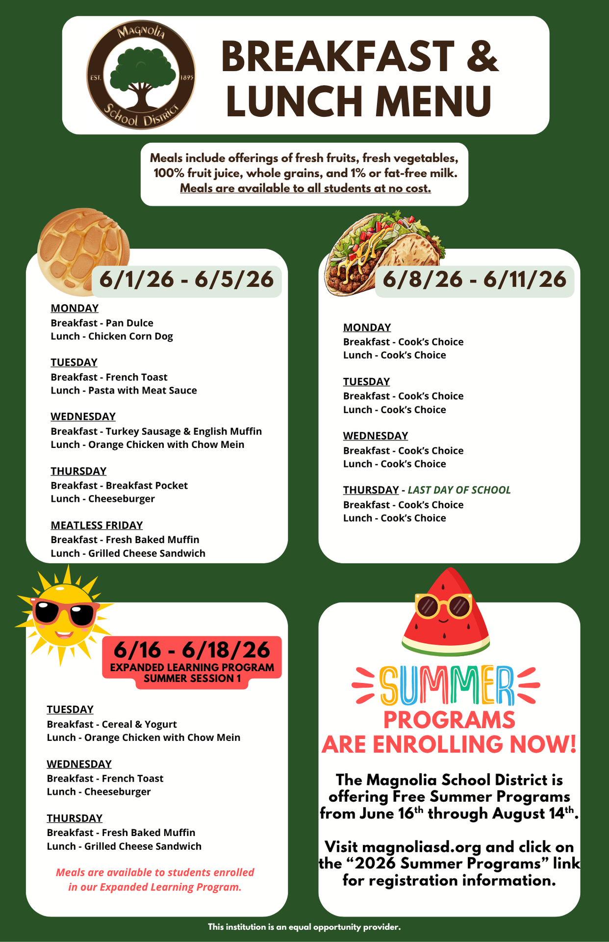 K-6 Breakfast and Lunch Menu for JUNE 2026