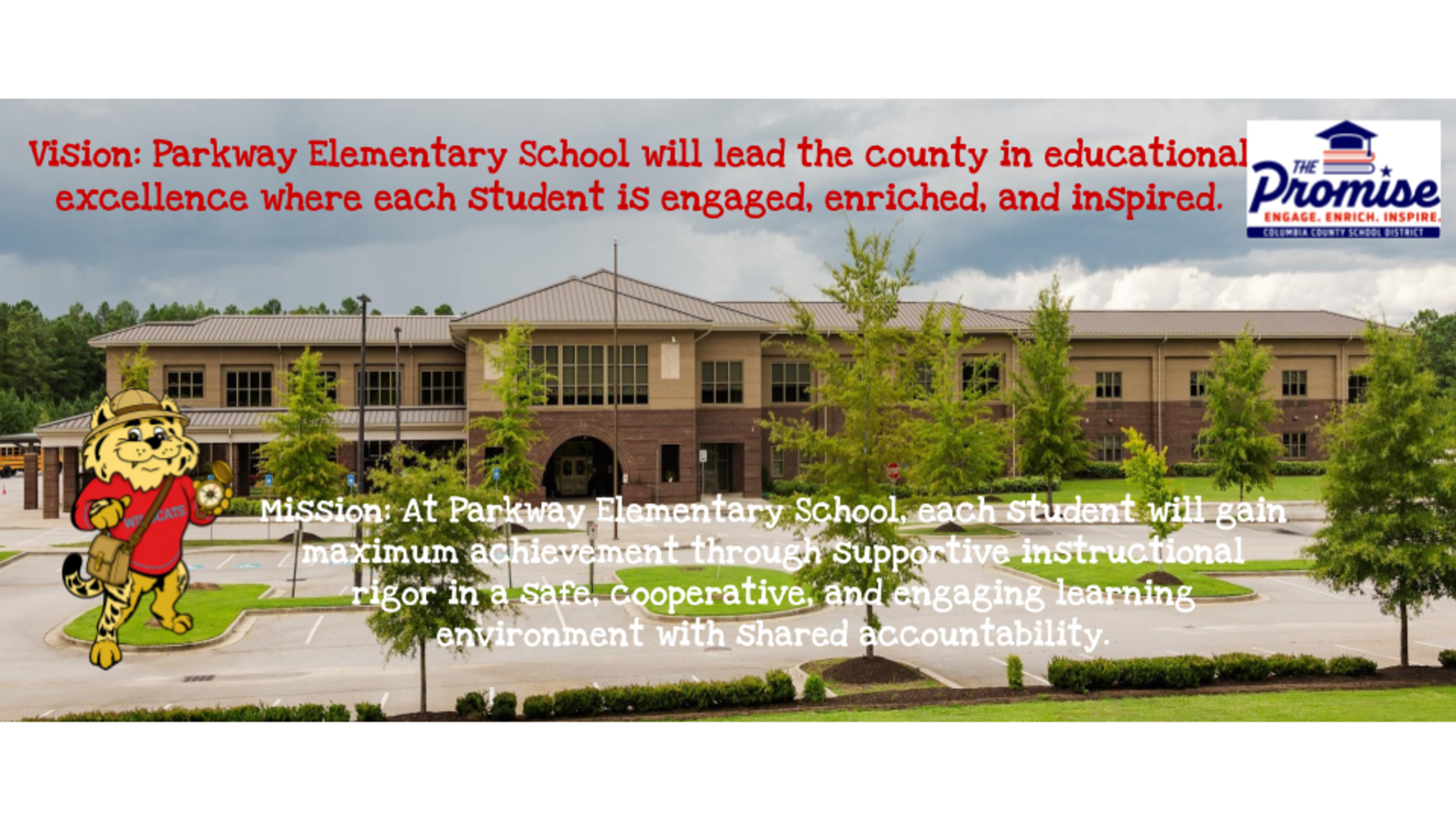 School building with text about educational vision and mission, featuring a mascot.