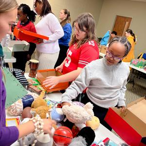 Students packing boxes