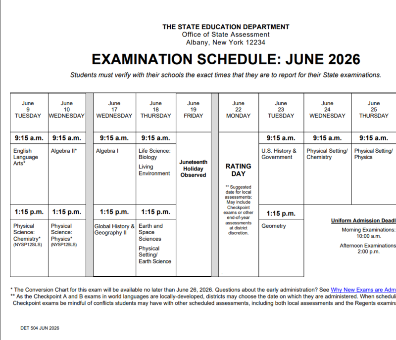 Regents Exam Daily Schedule June 9 - 25th