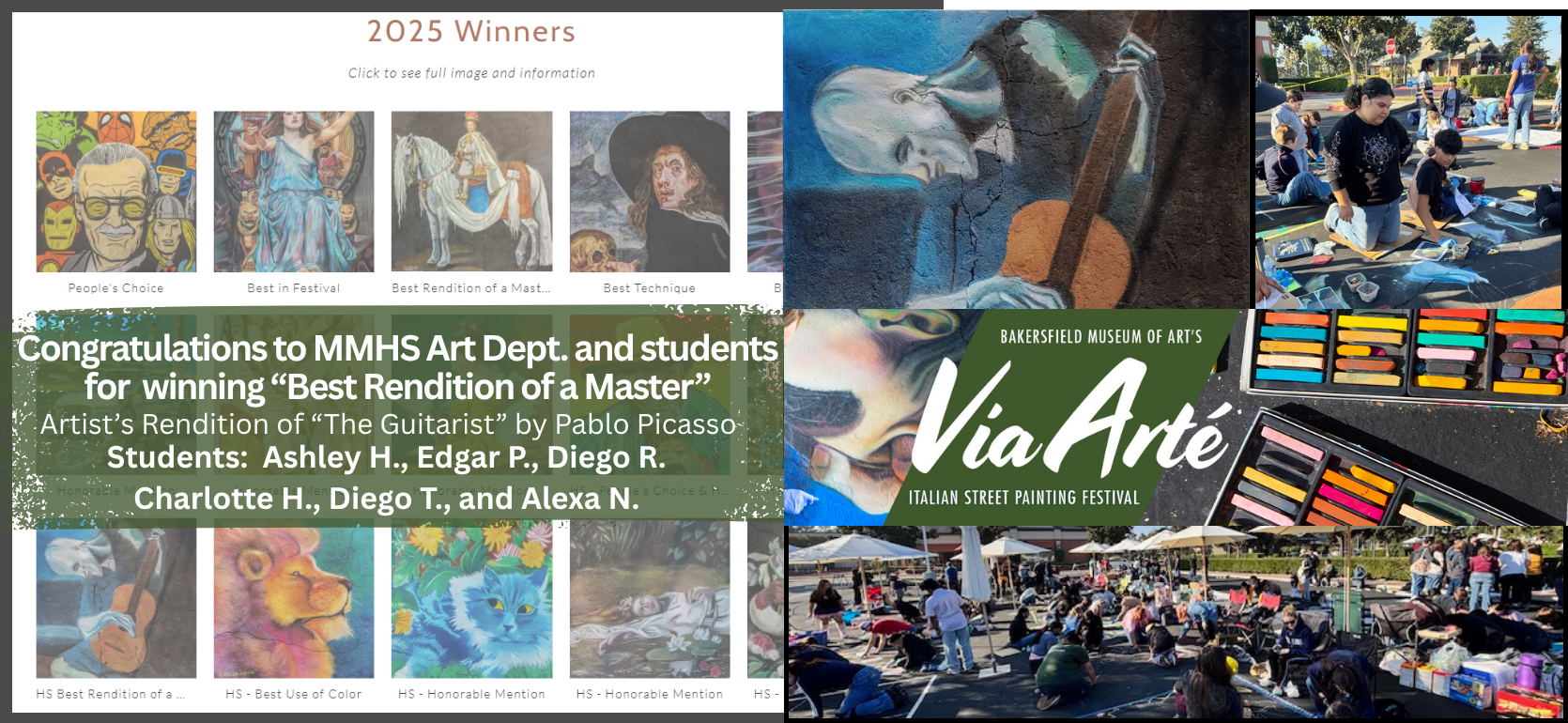 Collage featuring winners of art contest, student artworks, and street painting event.