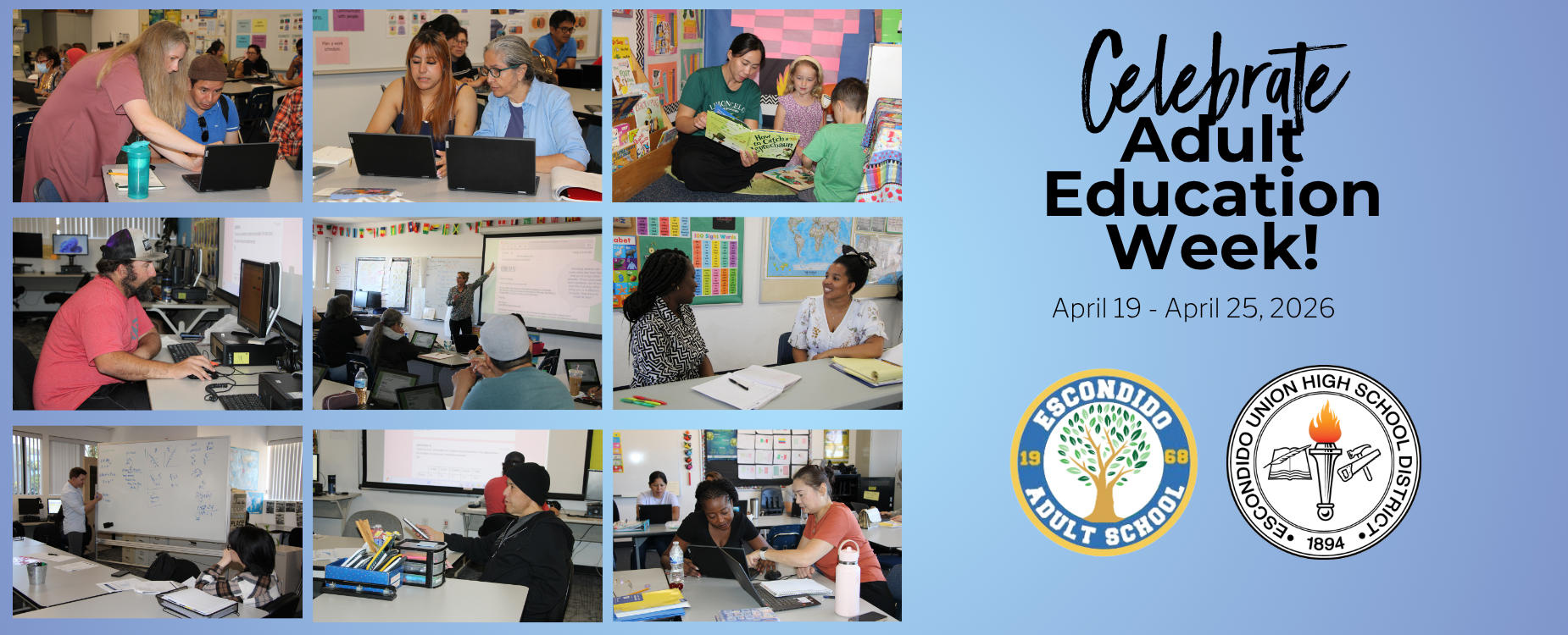 Collage of adult education classes in session with school logos and event details.