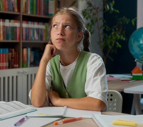 Student doing schoolwork looking up thinking