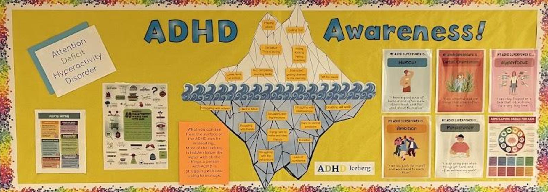 A bulletin board displaying ADHD awareness materials and resources.