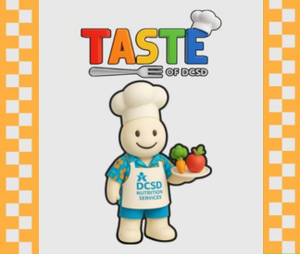 Taste of DCSD with illustrated mascot and yellow checkered borders