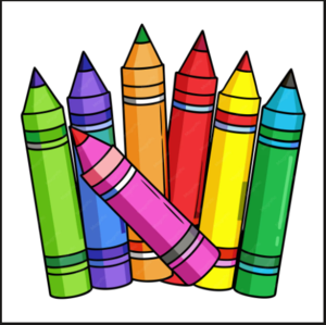 Colorful crayons arranged in a fan shape with varying colors.