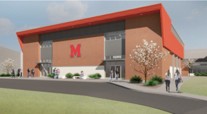 Architectural rendering of the proposed Marion Senior High School gymnasium exterior featuring the school’s M logo.