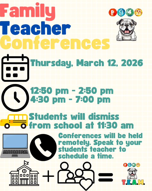 English- Calendar, clock, bus, computer, phone icons with teal, red, blue, and yellow text