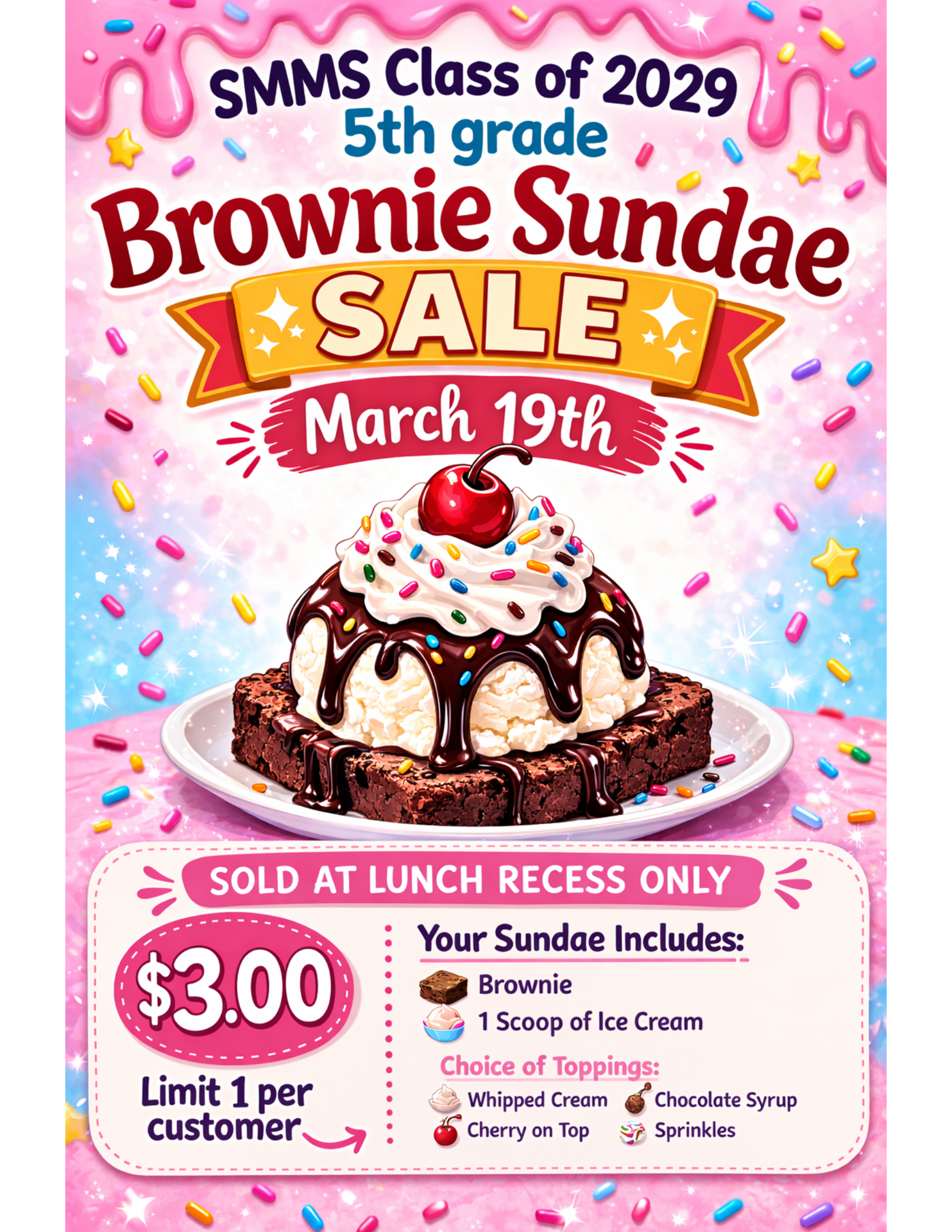 cute pick flyer with ice cream image for sundae fundraiser