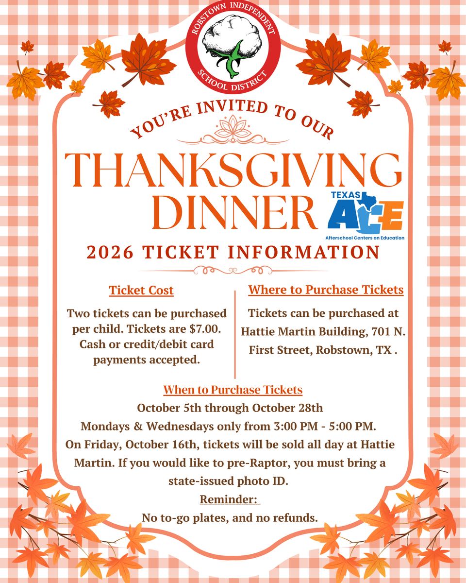Thanksgiving dinner invitation with details on tickets and dates, framed by autumn leaves.