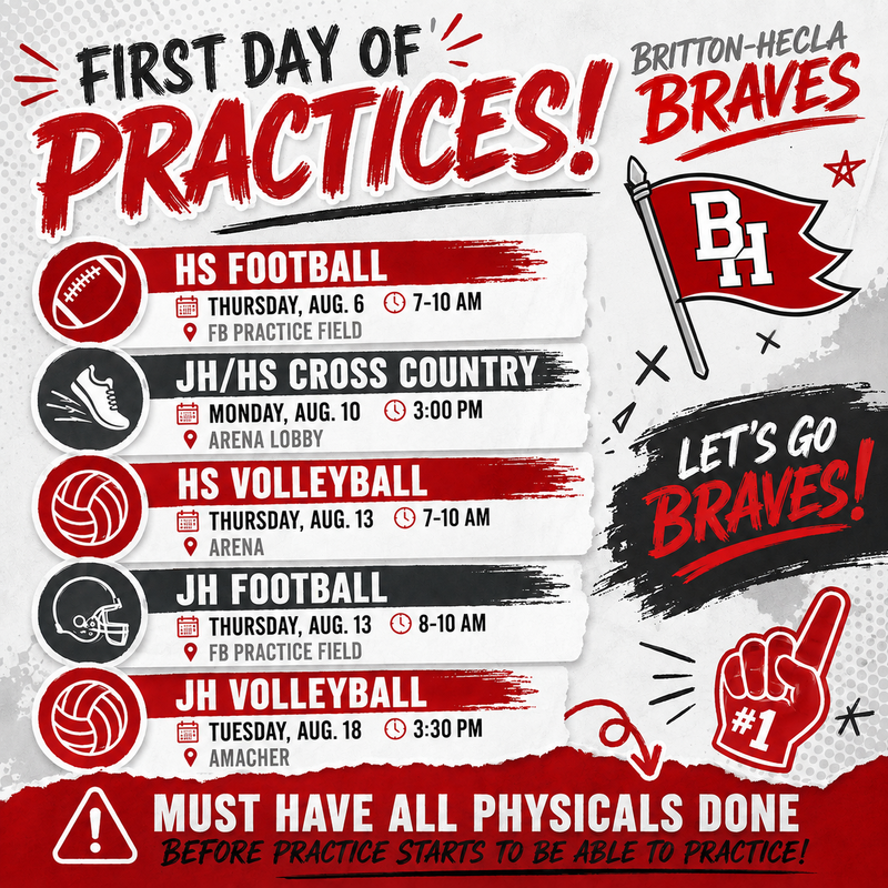 Schedule for first day of practices for Britton-Hecla Braves.